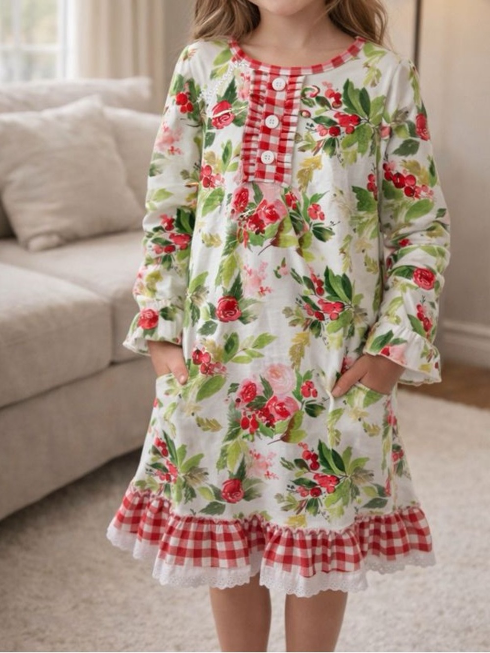 Sugar Bee Girls White Floral Holly Nightgown Red Gingham Ruffles Holiday